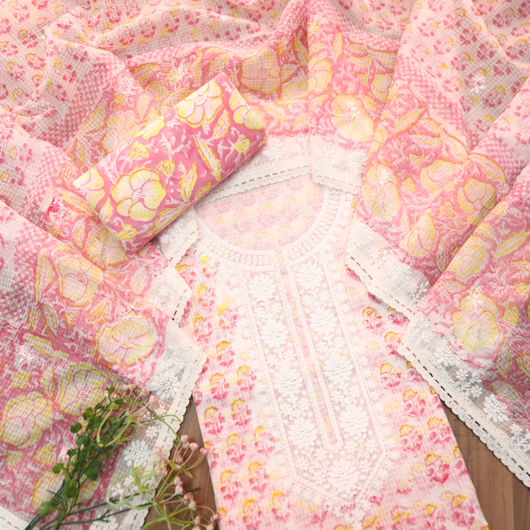 Keher White with Pink Floral Printed Embroidered Kota Doriya Set