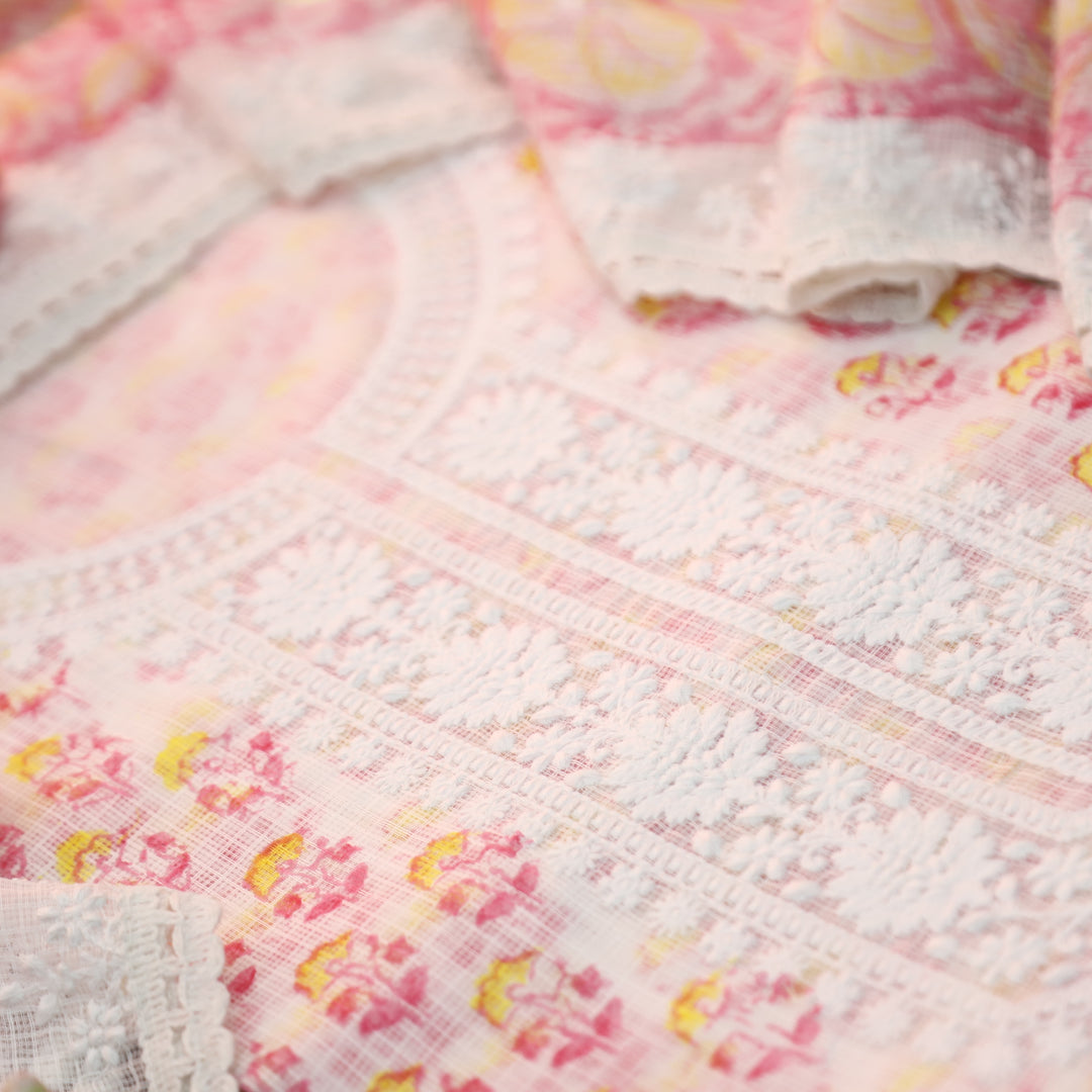 Keher White with Pink Floral Printed Embroidered Kota Doriya Set