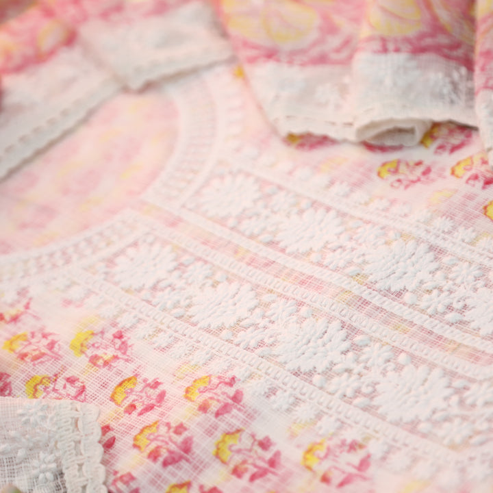 Keher White with Pink Floral Printed Embroidered Kota Doriya Set