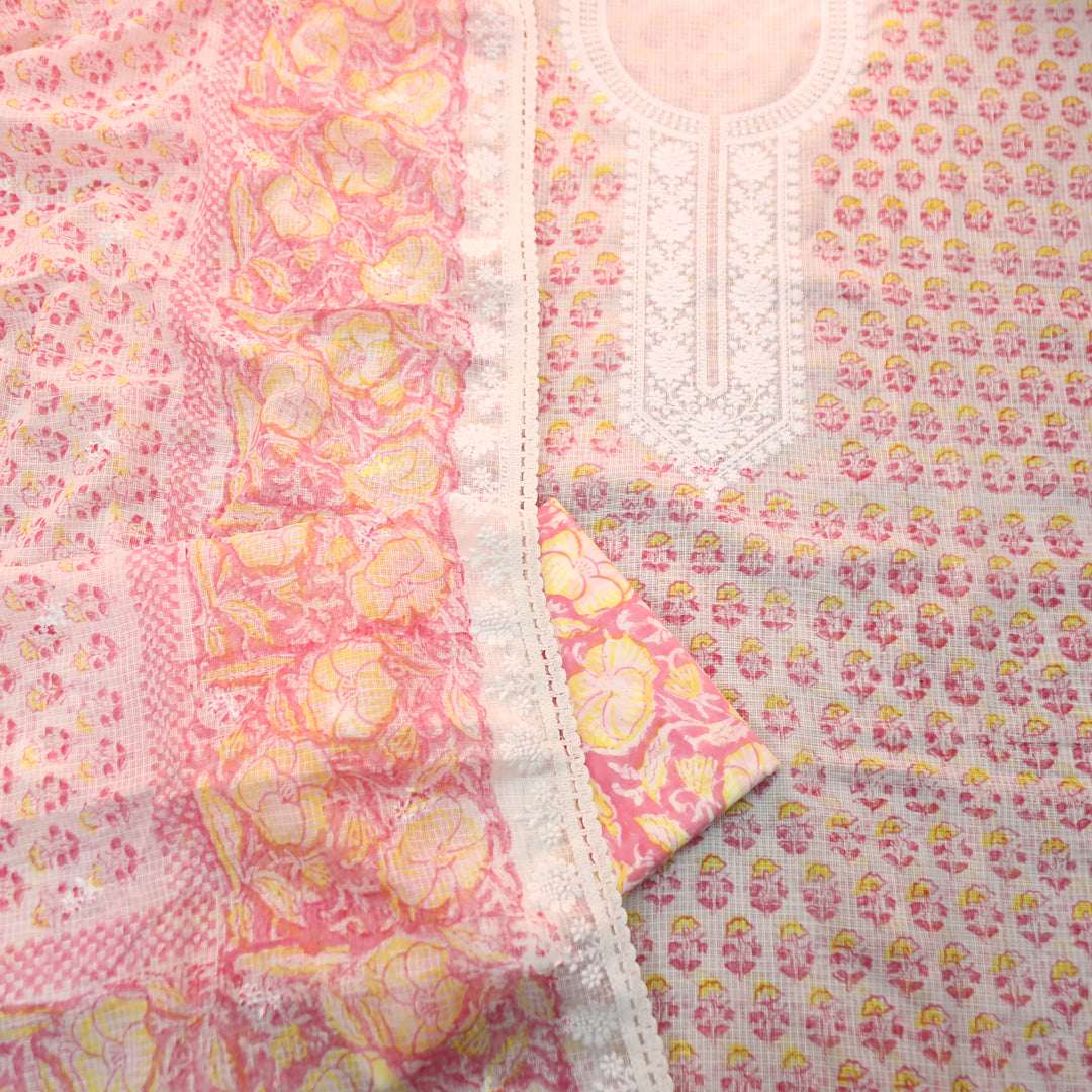 Keher White with Pink Floral Printed Embroidered Kota Doriya Set