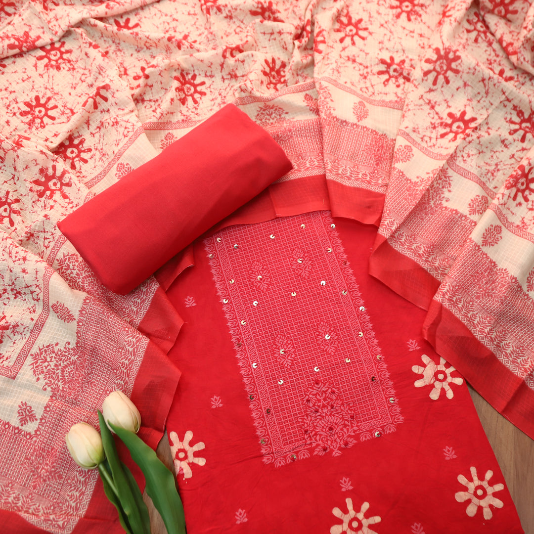 Saajan Cranberry Pink French Knot Batick Printed Cotton Set