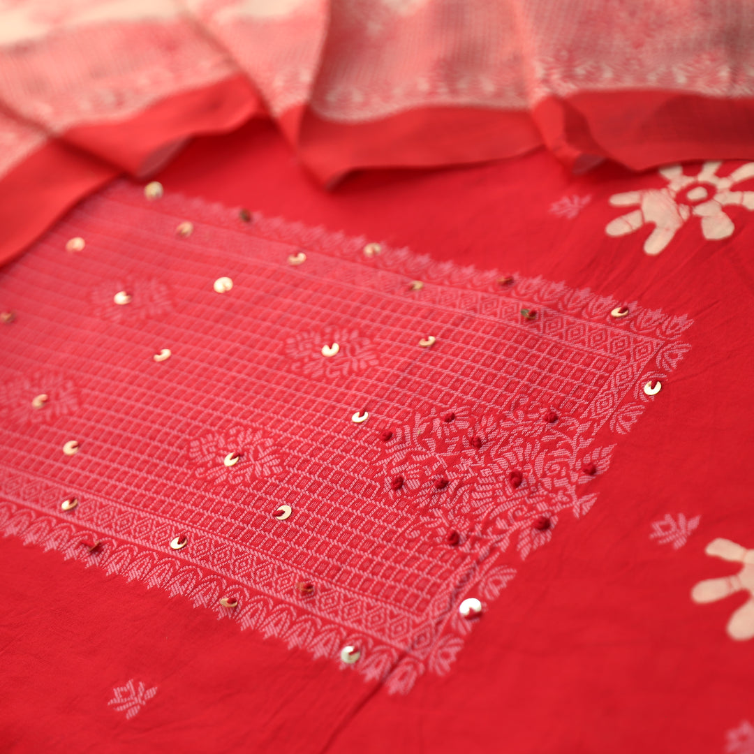 Saajan Cranberry Pink French Knot Batick Printed Cotton Set