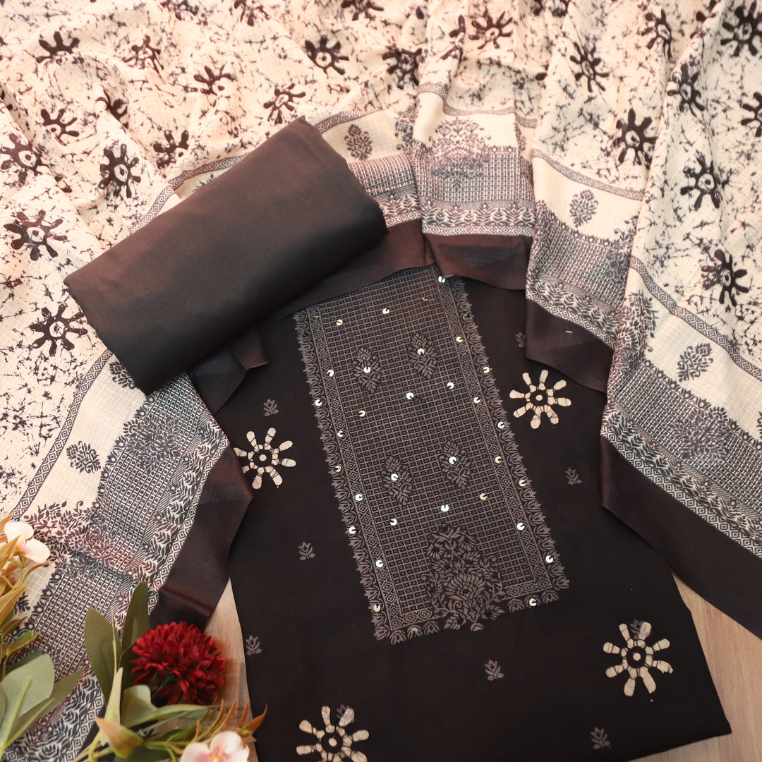 Saajan Ebony Black French Knot Batik Printed Cotton Set