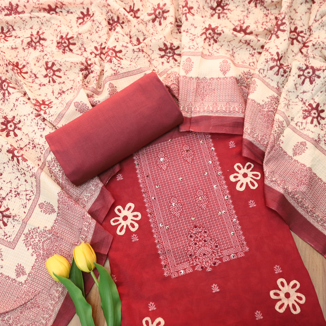 Saajan Burgundy Wine French Knot Batik Printed Cotton Set