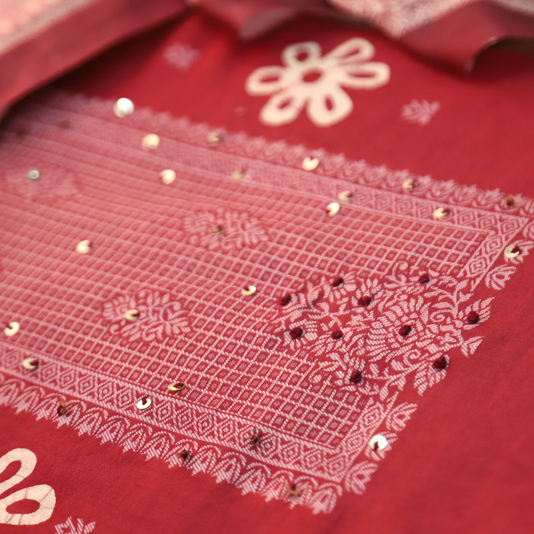 Saajan Burgundy Wine French Knot Batik Printed Cotton Set