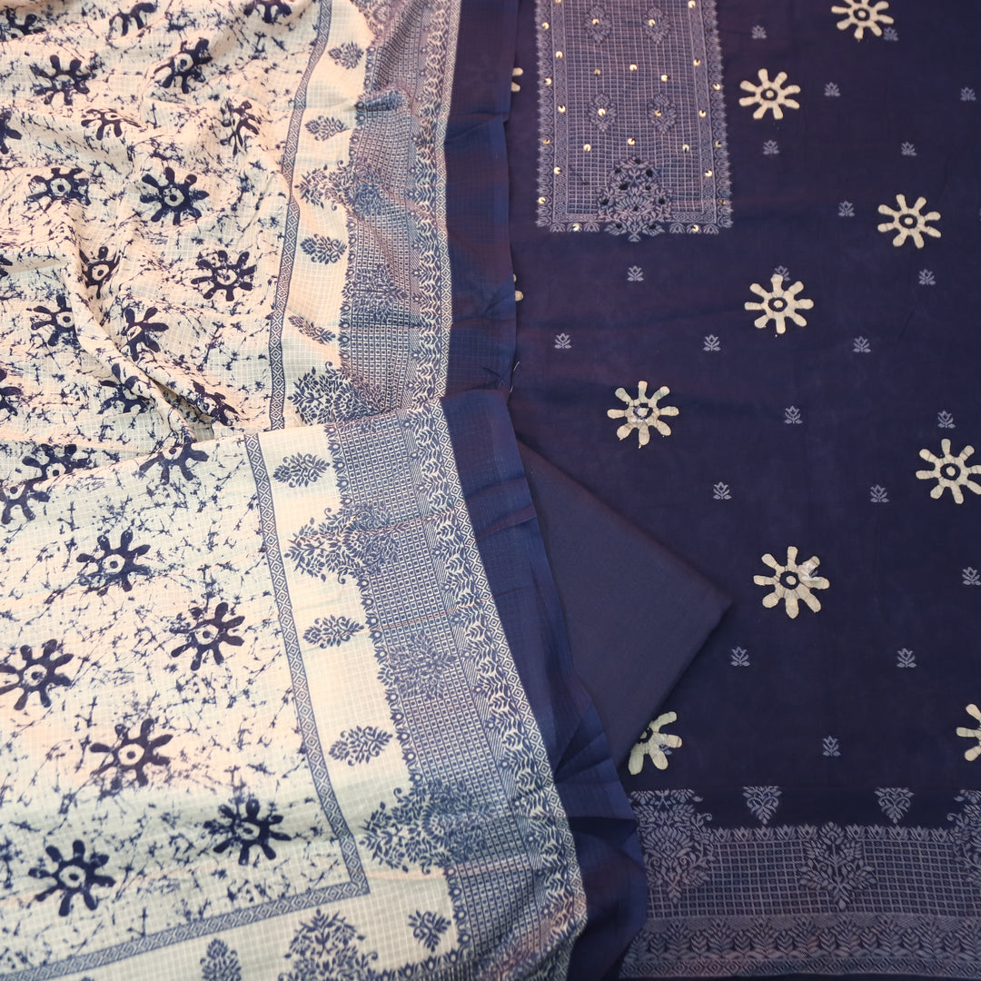 Saajan Navy Blue French Knot Batik Printed Cotton Set