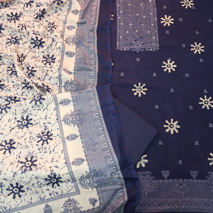Saajan Navy Blue French Knot Batik Printed Cotton Set