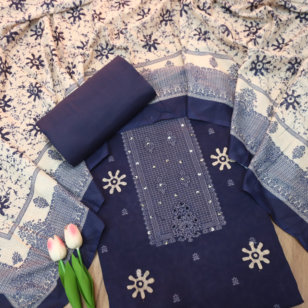 Saajan Navy Blue French Knot Batik Printed Cotton Set