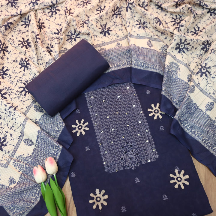 Saajan Navy Blue French Knot Batik Printed Cotton Set
