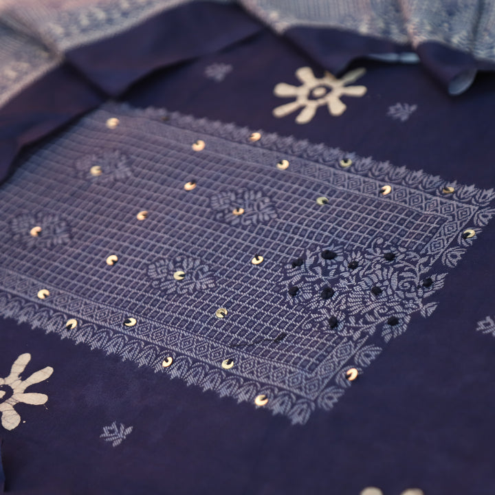 Saajan Navy Blue French Knot Batik Printed Cotton Set