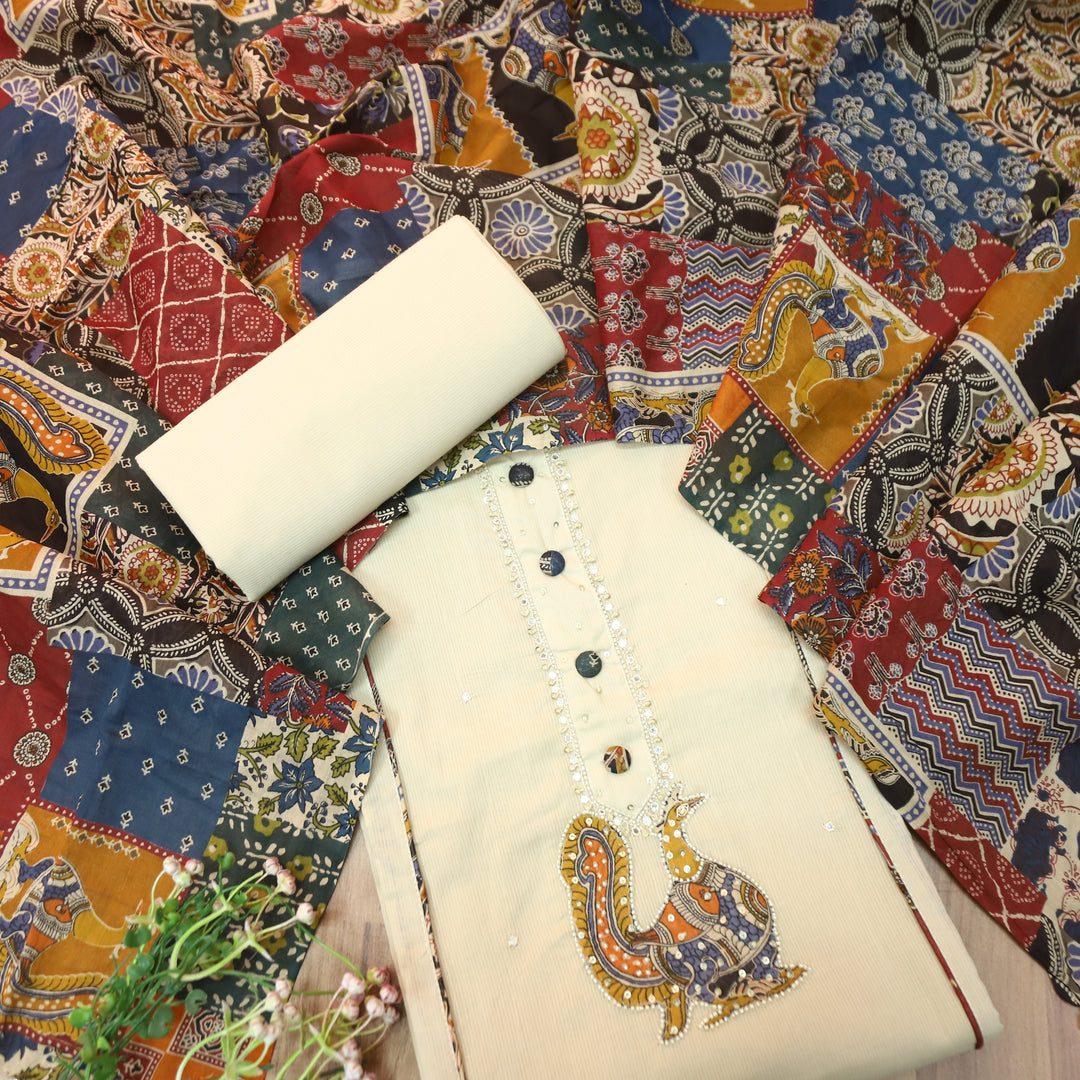 Shakshi Beige Button with Moti work Side Pintuck Cotton Set