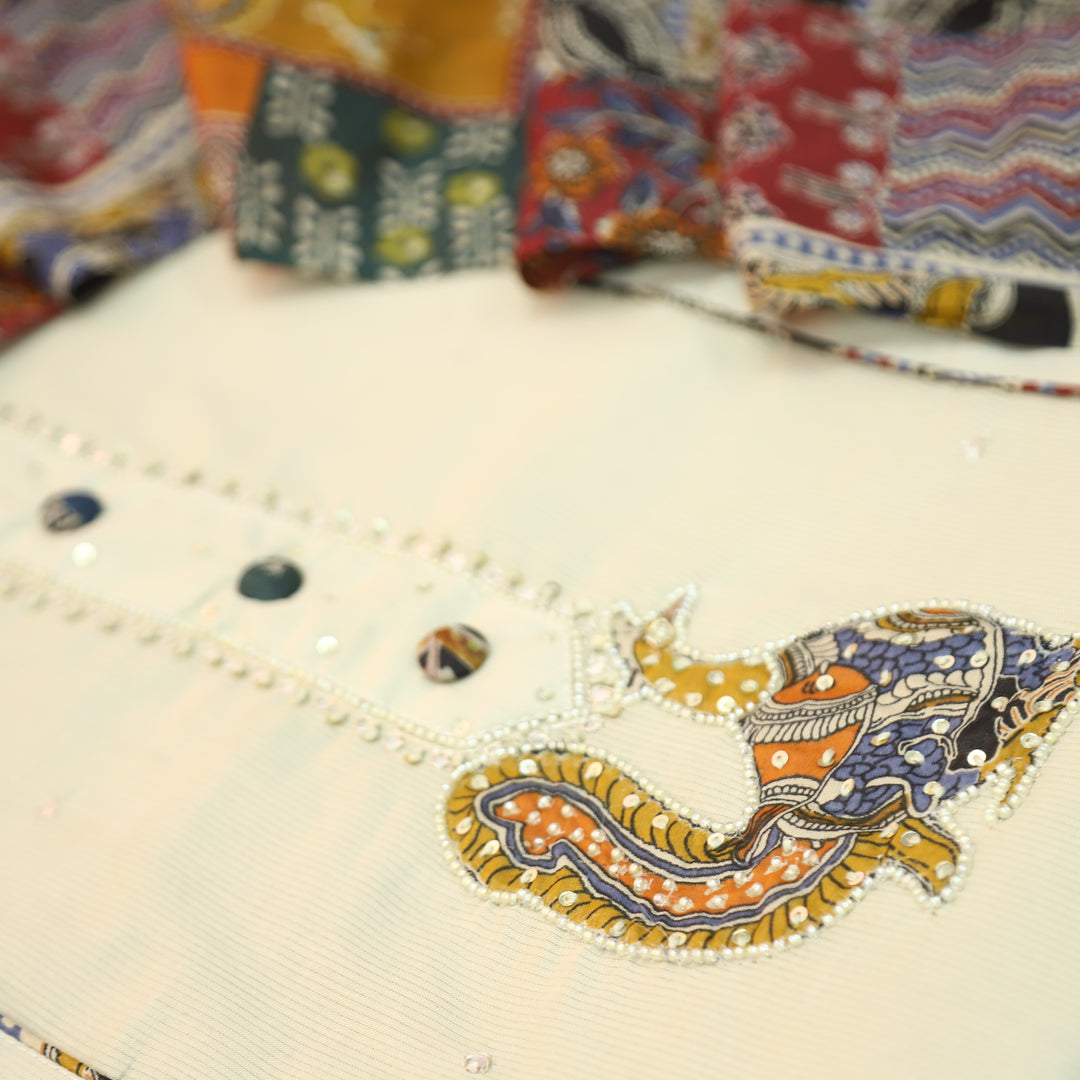 Shakshi Beige Button with Moti work Side Pintuck Cotton Set