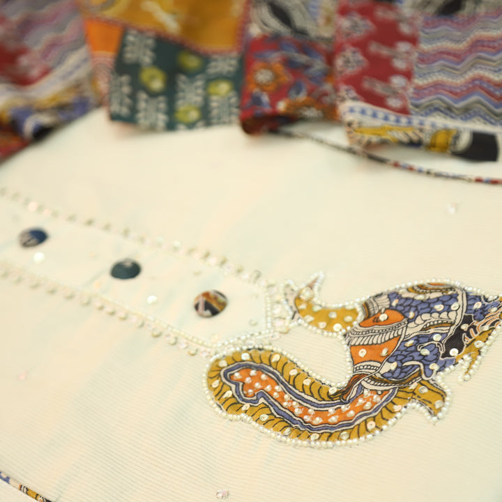 Shakshi Beige Button with Moti work Side Pintuck Cotton Set