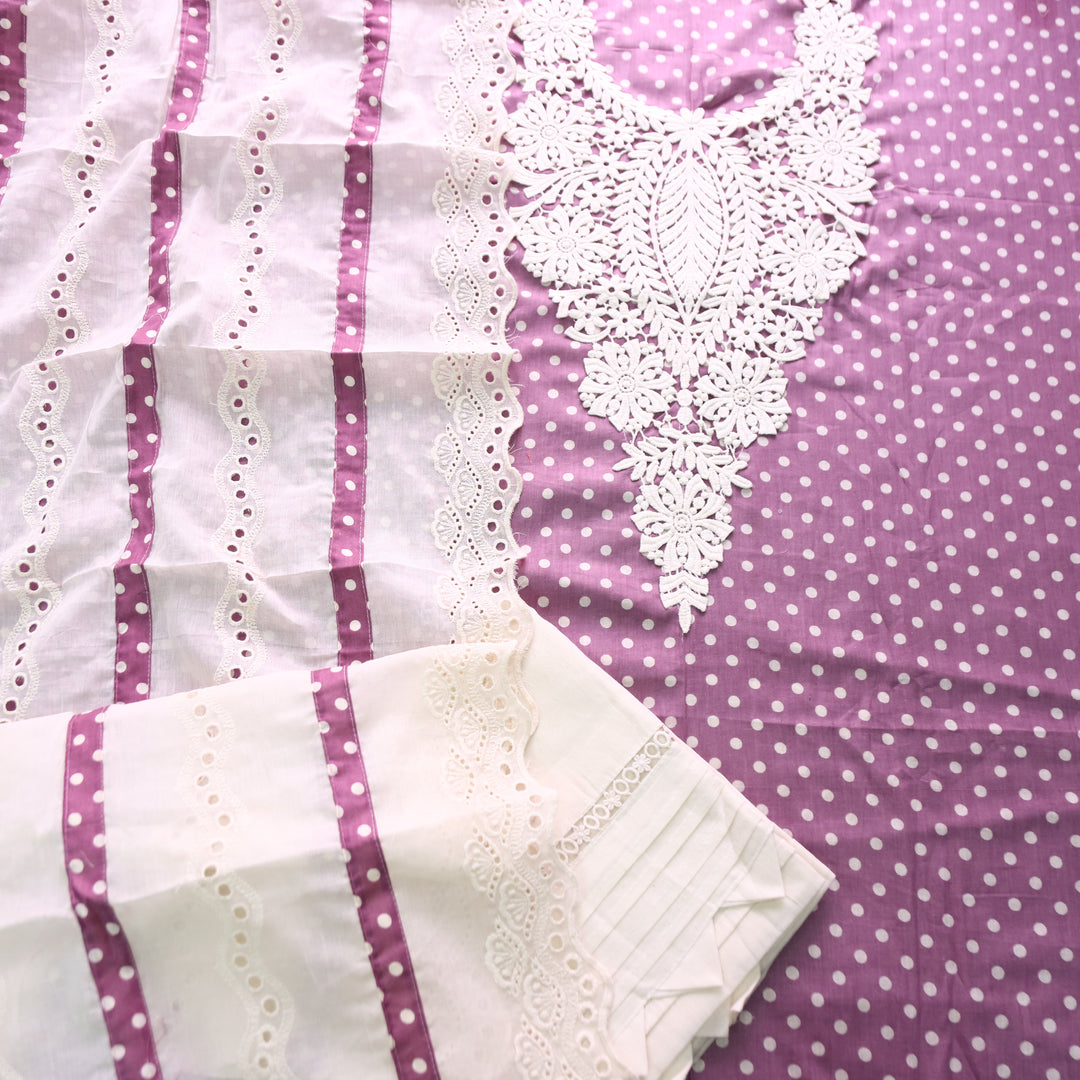 Sunaina Helio Mauve Floral Lace Neck Work Polka Dot Cotton Set