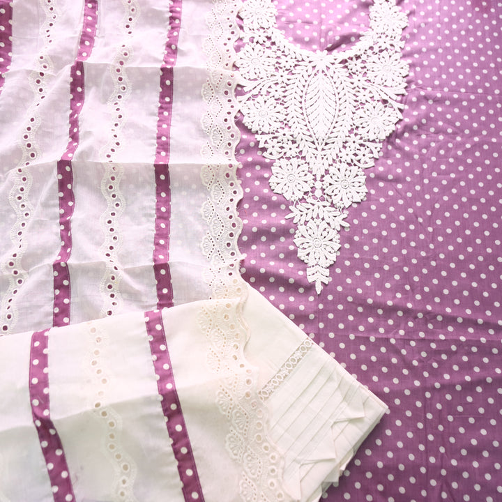 Sunaina Helio Mauve Floral Lace Neck Work Polka Dot Cotton Set