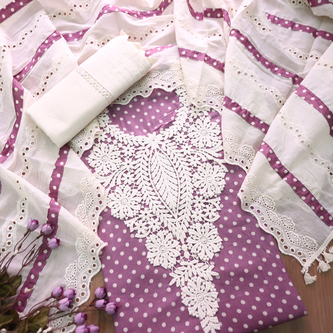 Sunaina Helio Mauve Floral Lace Neck Work Polka Dot Cotton Set