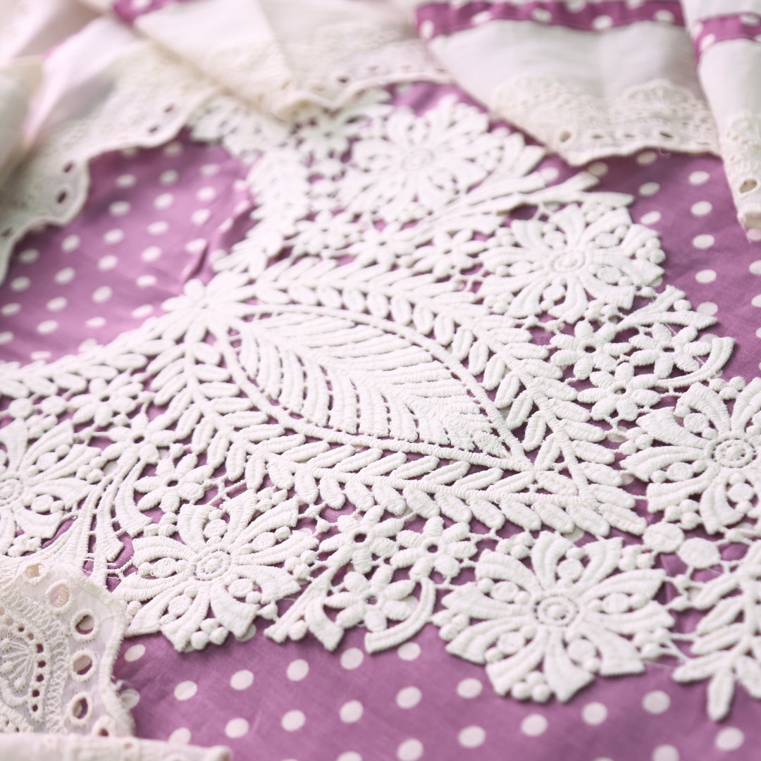 Sunaina Helio Mauve Floral Lace Neck Work Polka Dot Cotton Set