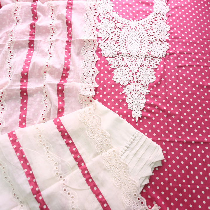 Sunaina Blush Pink Floral Lace Neck Work Polka Dot Cotton Set