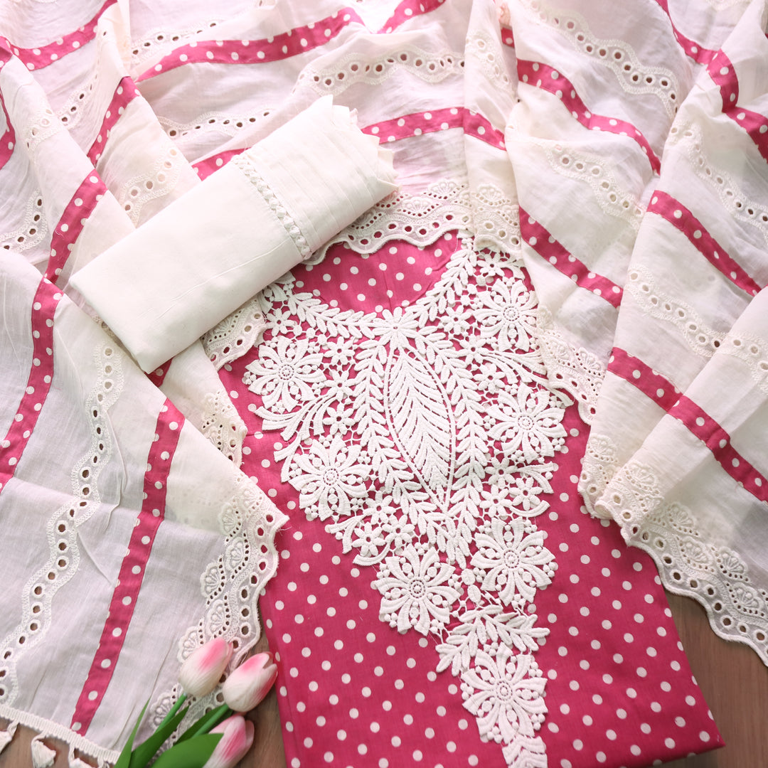 Sunaina Blush Pink Floral Lace Neck Work Polka Dot Cotton Set