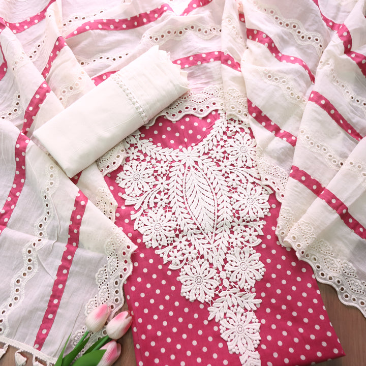 Sunaina Blush Pink Floral Lace Neck Work Polka Dot Cotton Set