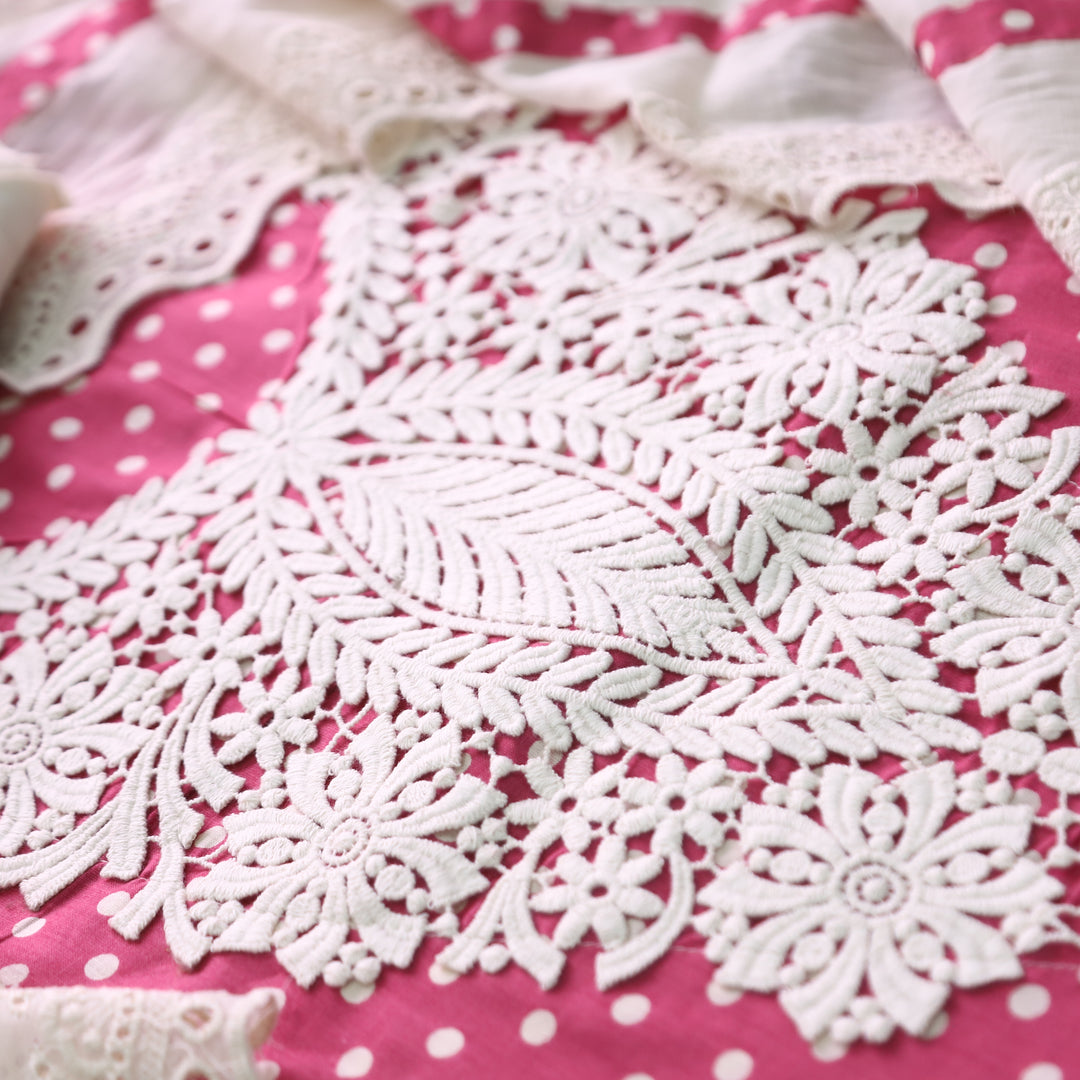 Sunaina Blush Pink Floral Lace Neck Work Polka Dot Cotton Set
