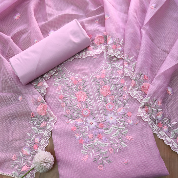 Rahiya Lilly Lilac Thread Embroidered Neck and Hem Work Kota Doriya Suit Set