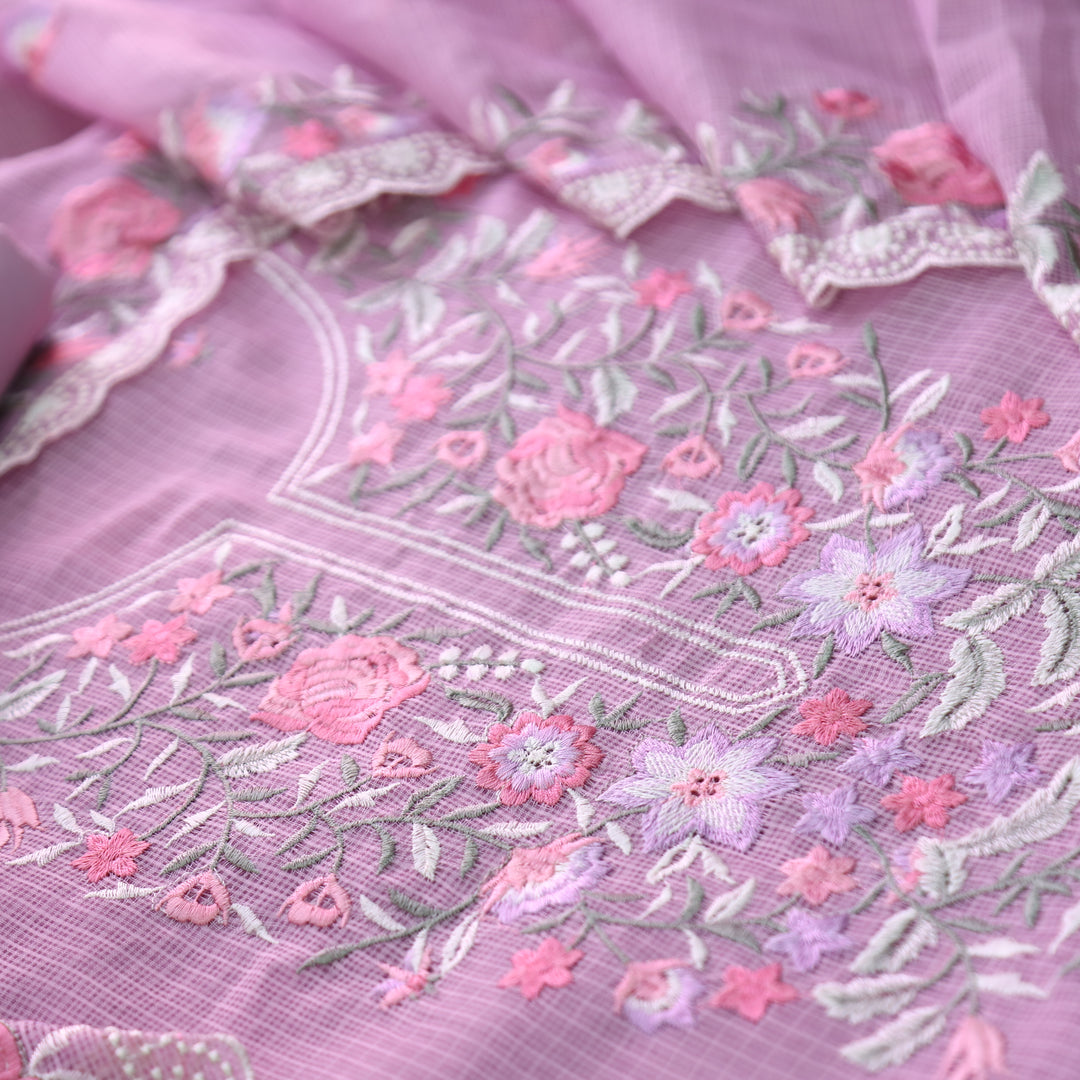 Rahiya Lilly Lilac Thread Embroidered Neck and Hem Work Kota Doriya Suit Set