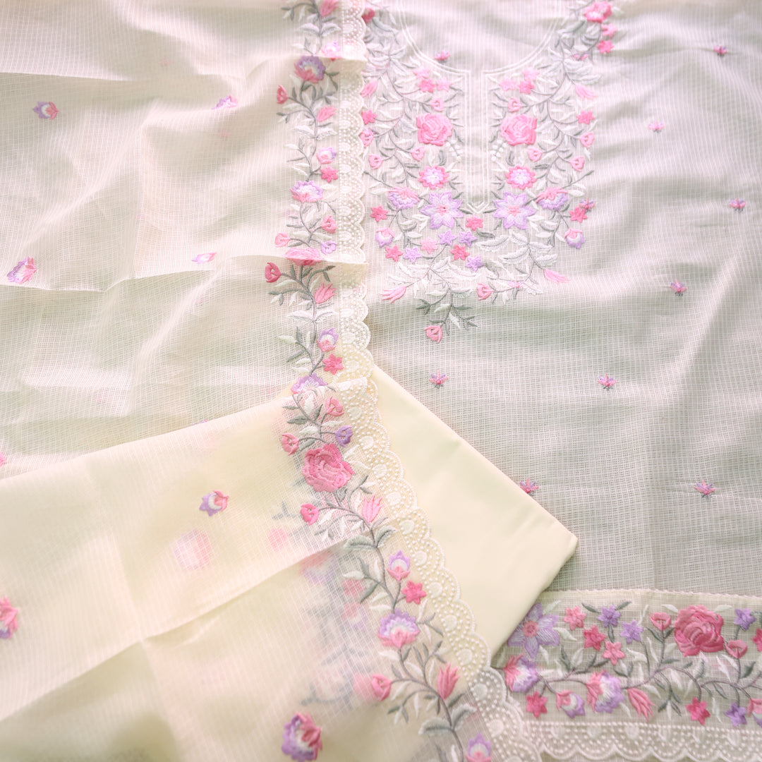 Rahiya Butter Yellow Thread Embroidered Neck and Hem Work Kota Doriya Suit Set