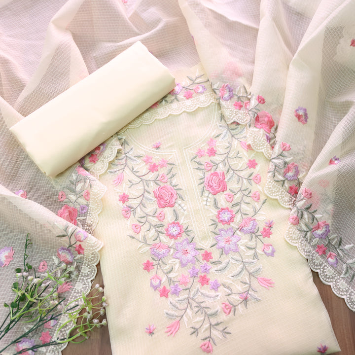Rahiya Butter Yellow Thread Embroidered Neck and Hem Work Kota Doriya Suit Set