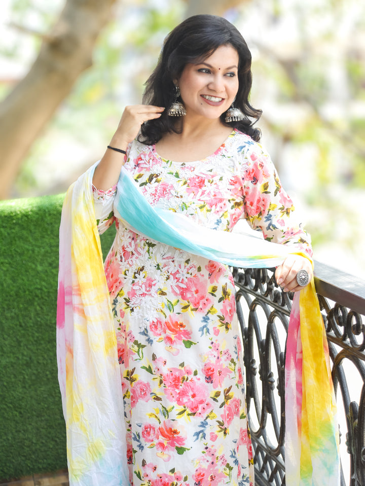 Kira Pink Floral Chikankari Cotton 3 Piece Set