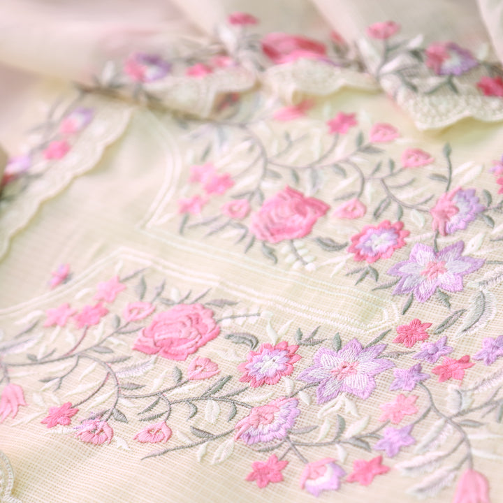Rahiya Butter Yellow Thread Embroidered Neck and Hem Work Kota Doriya Suit Set