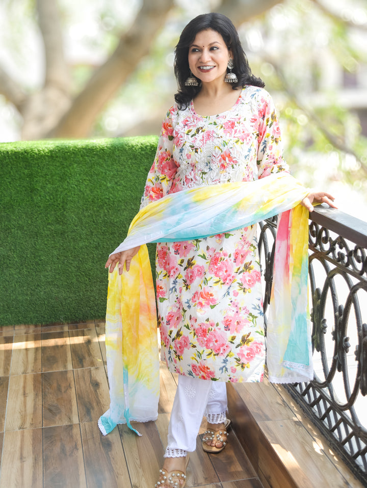 Kira Pink Floral Chikankari Cotton 3 Piece Set