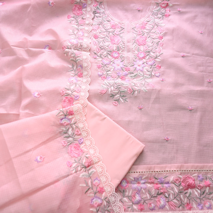 Rahiya Pastel Peach Thread Embroidered Neck and Hem Work Kota Doriya Suit Set