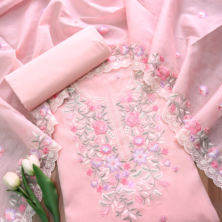 Rahiya Pastel Peach Thread Embroidered Neck and Hem Work Kota Doriya Suit Set