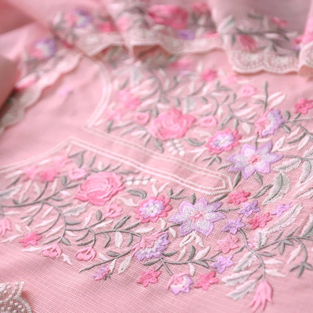 Rahiya Pastel Peach Thread Embroidered Neck and Hem Work Kota Doriya Suit Set