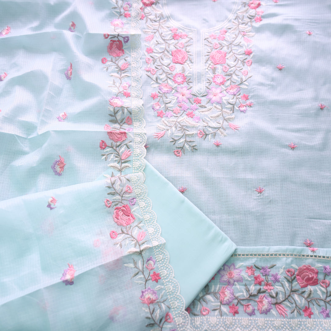 Rahiya Sky Blue Thread Embroidered Neck and Hem Work Kota Doriya Suit Set