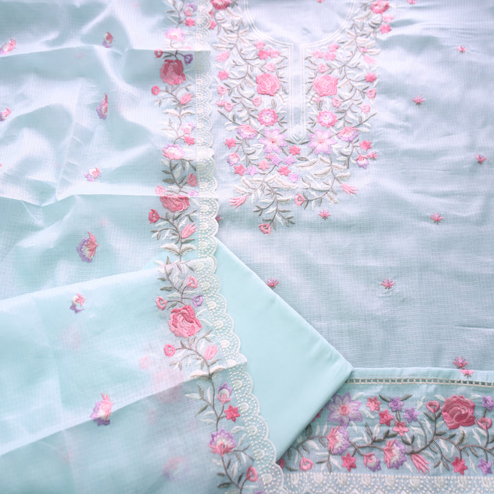 Rahiya Sky Blue Thread Embroidered Neck and Hem Work Kota Doriya Suit Set