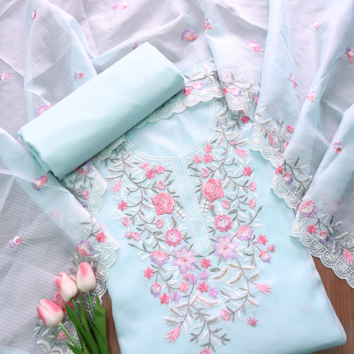 Rahiya Sky Blue Thread Embroidered Neck and Hem Work Kota Doriya Suit Set