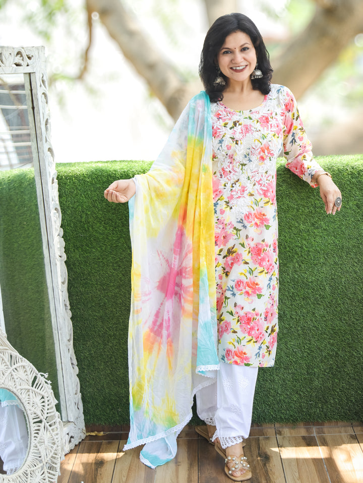 Kira Pink Floral Chikankari Cotton 3 Piece Set