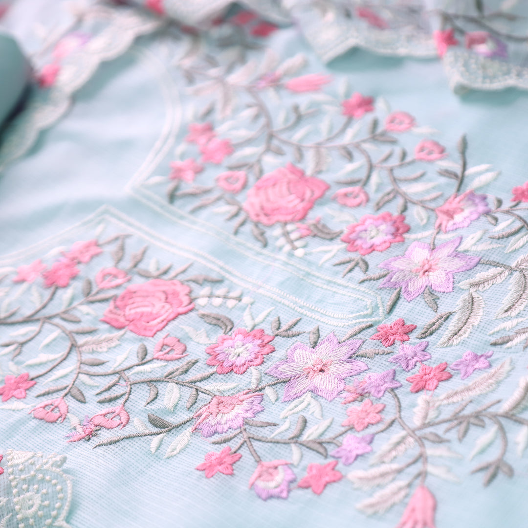Rahiya Sky Blue Thread Embroidered Neck and Hem Work Kota Doriya Suit Set
