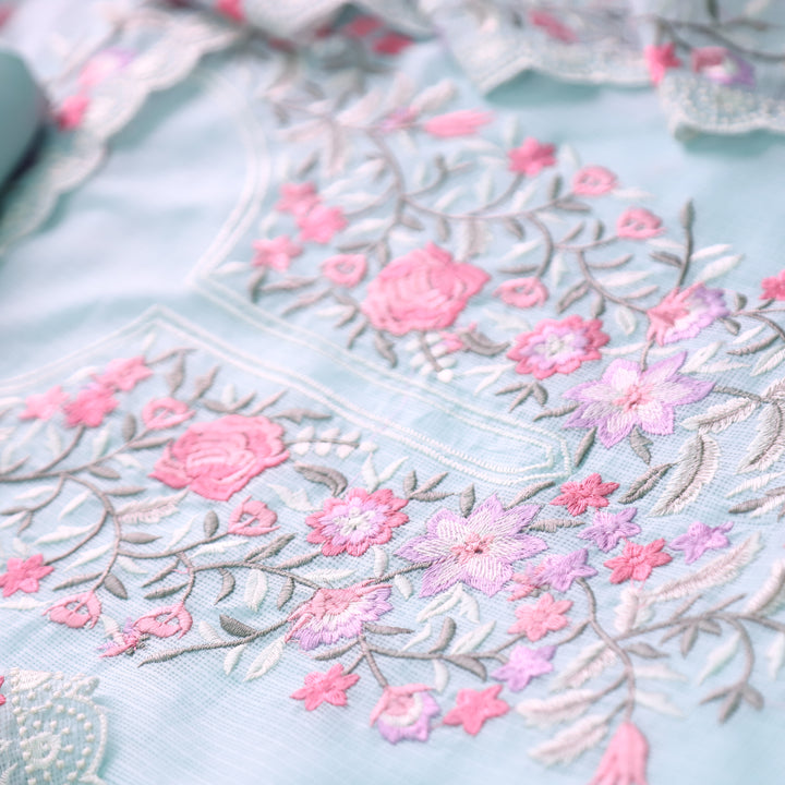 Rahiya Sky Blue Thread Embroidered Neck and Hem Work Kota Doriya Suit Set