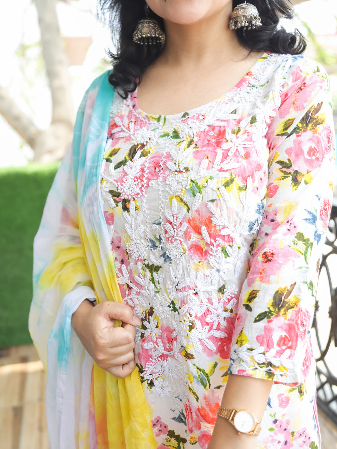 Kira Pink Floral Chikankari Cotton 3 Piece Set