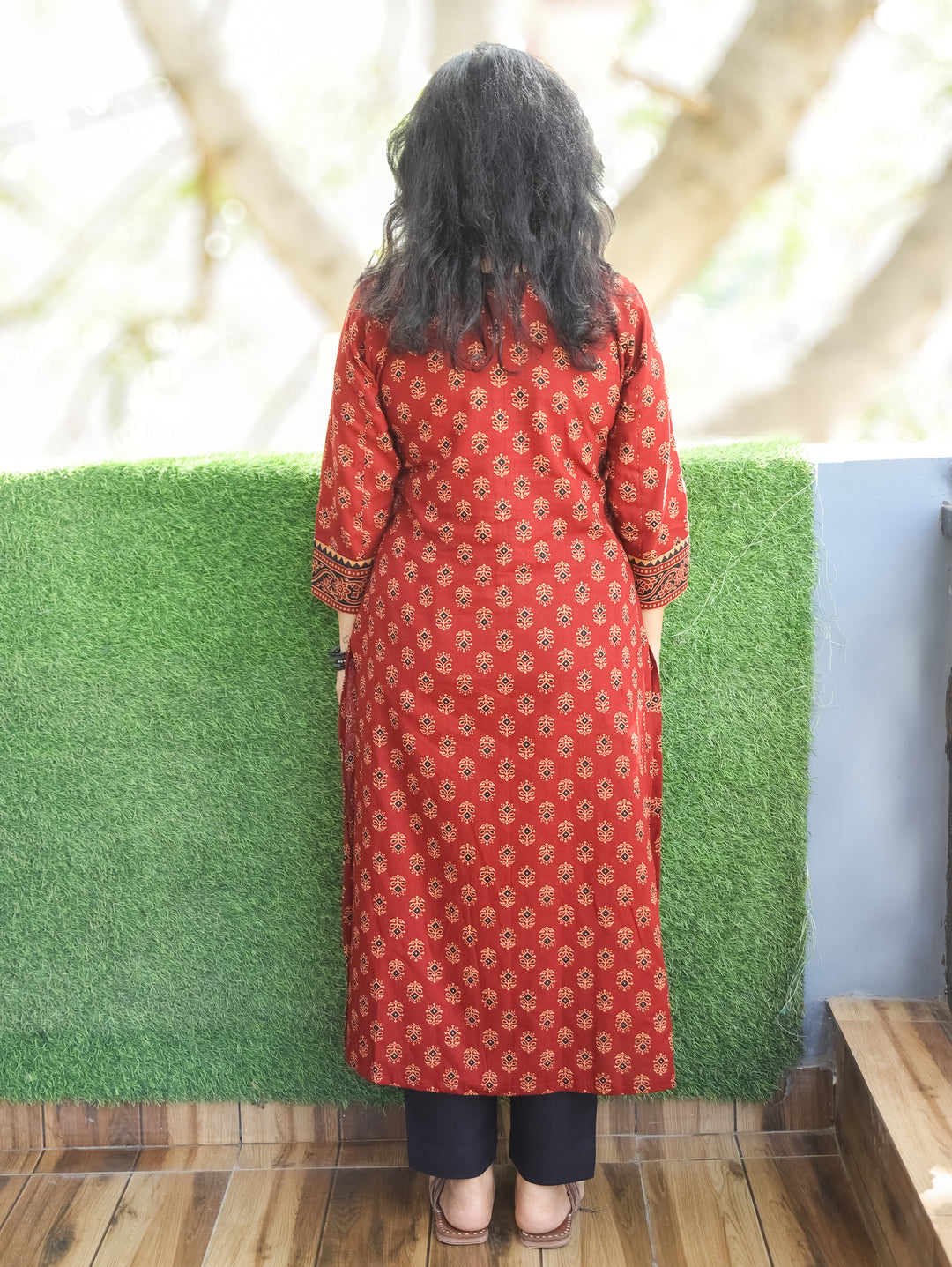 Mehram Maroon Red Running Thread Yoke in Panel Style Ajrak Printed Cotton Kurti