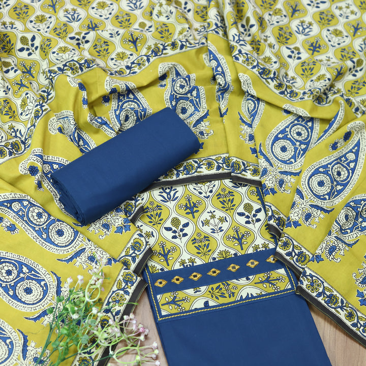 Roopsakhi Navy Galaxy Blue Mirror Work Detailing in Floral Printed Yoke Cotton Suit Set