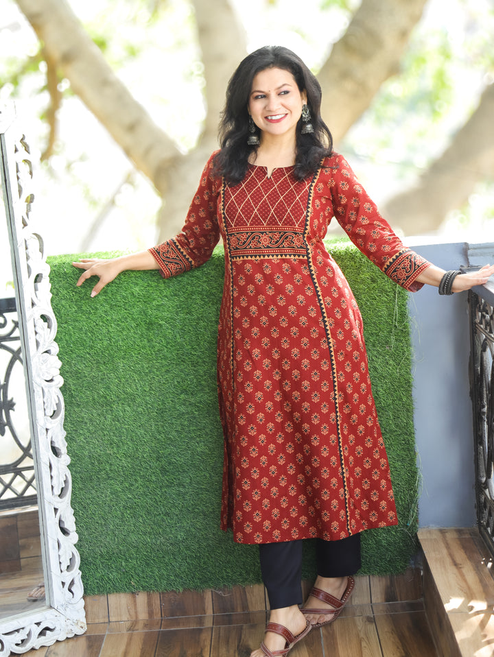 Mehram Maroon Red Running Thread Yoke in Panel Style Ajrak Printed Cotton Kurti