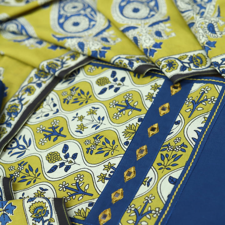 Roopsakhi Navy Galaxy Blue Mirror Work Detailing in Floral Printed Yoke Cotton Suit Set
