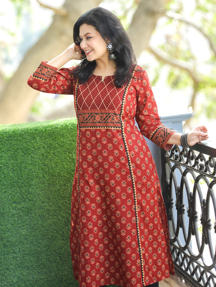 Mehram Maroon Red Running Thread Yoke in Panel Style Ajrak Printed Cotton Kurti