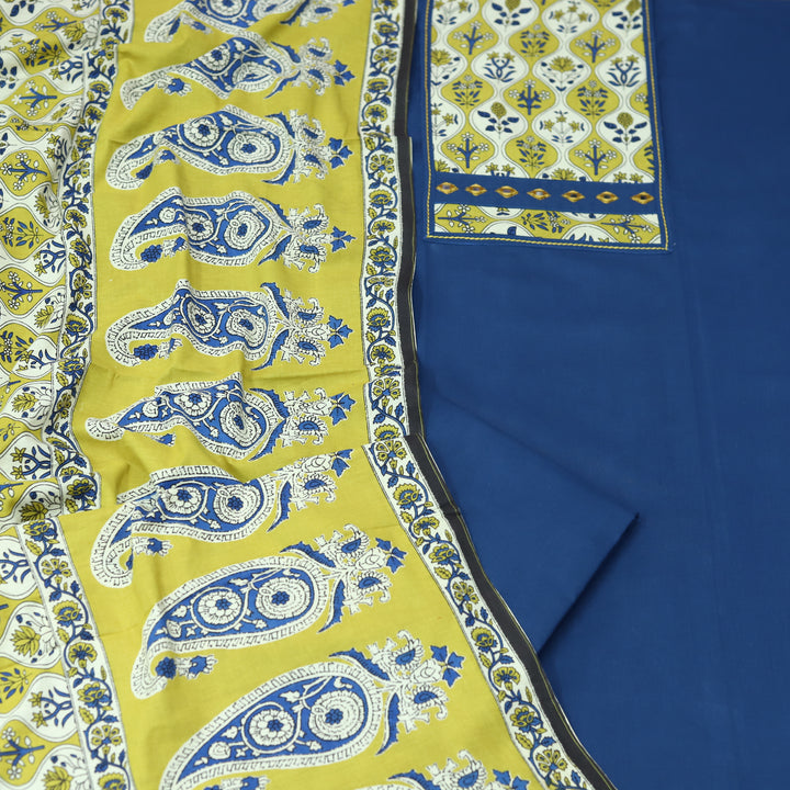 Roopsakhi Navy Galaxy Blue Mirror Work Detailing in Floral Printed Yoke Cotton Suit Set
