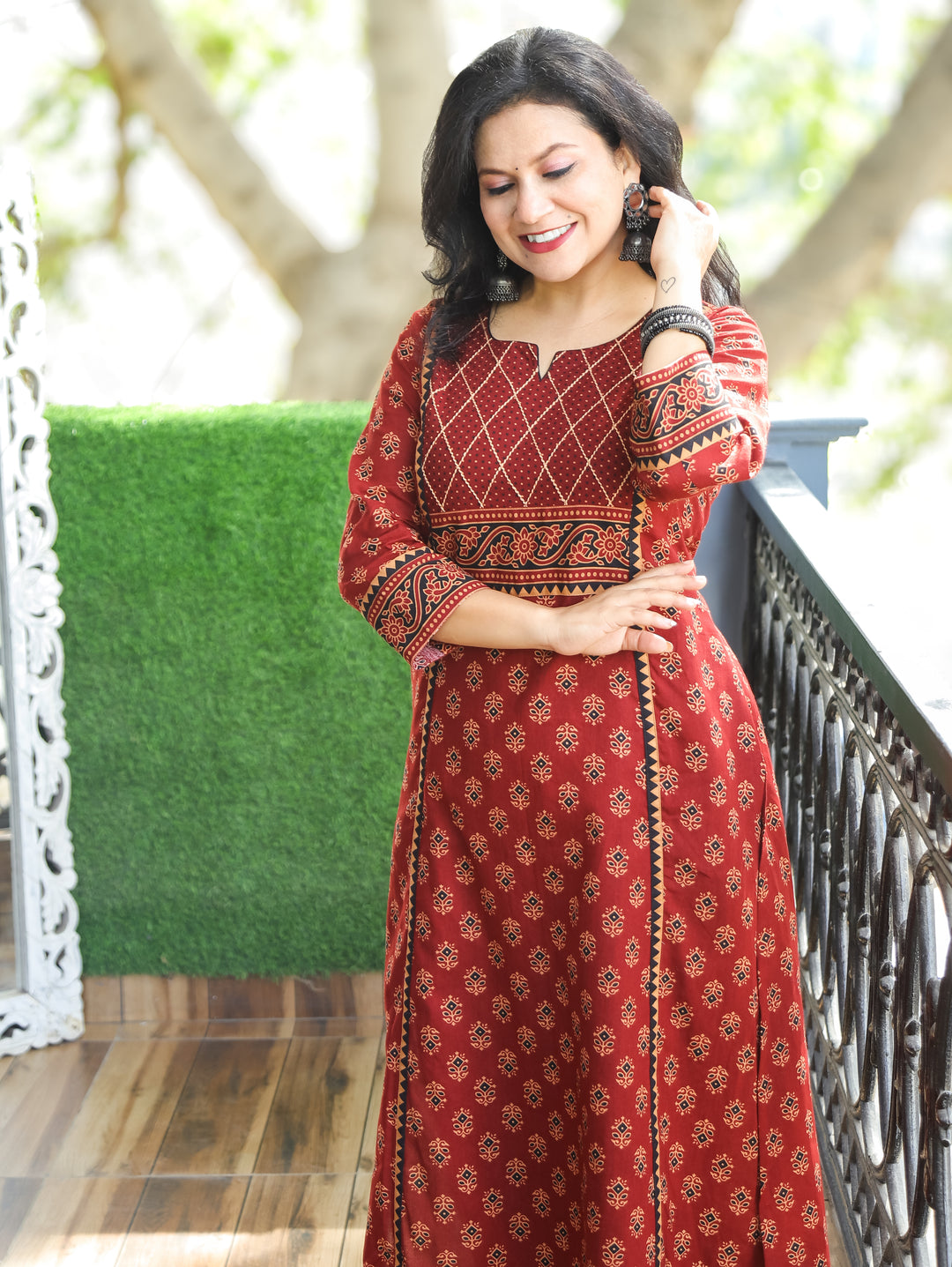 Mehram Maroon Red Running Thread Yoke in Panel Style Ajrak Printed Cotton Kurti