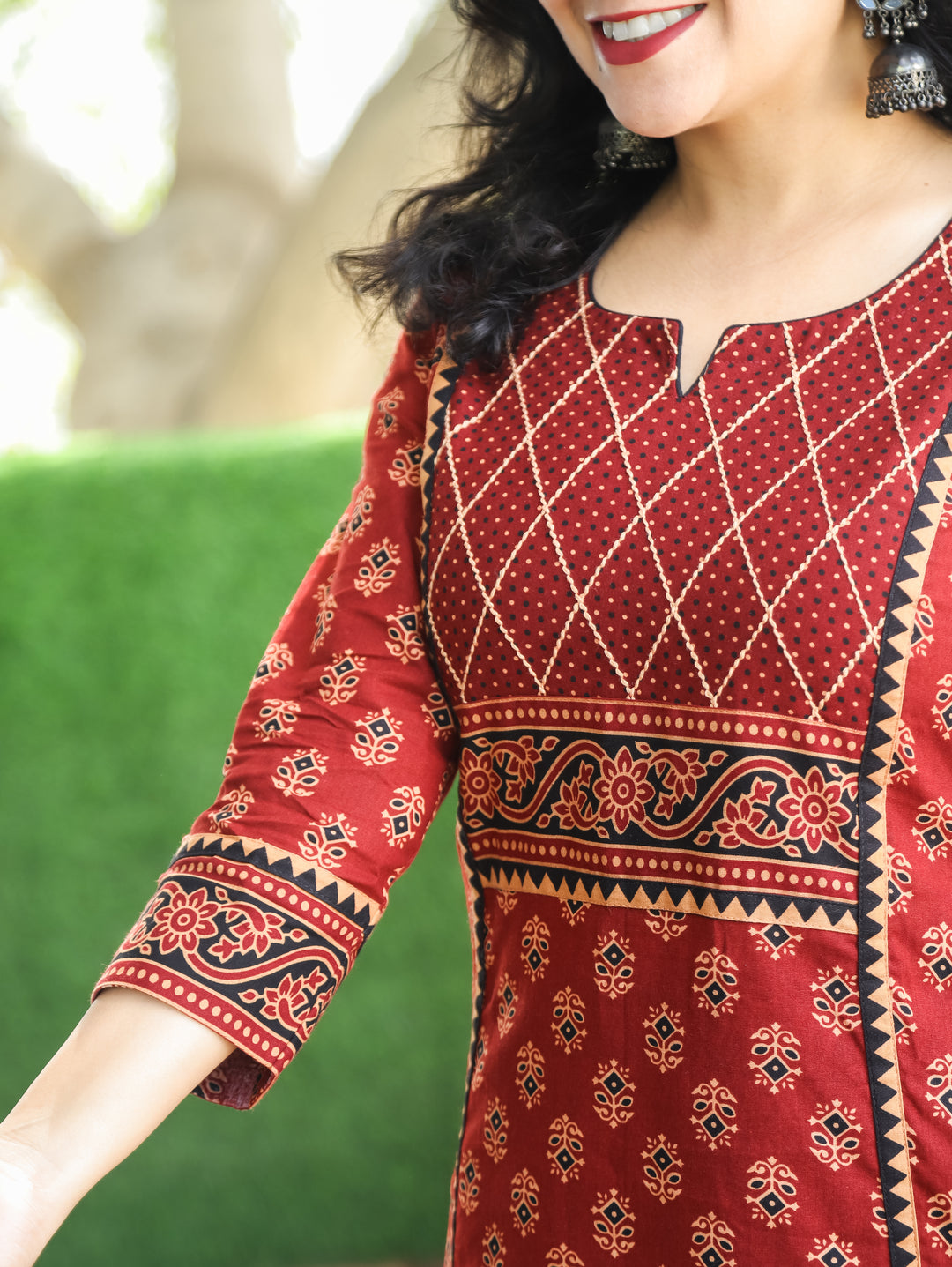 Mehram Maroon Red Running Thread Yoke in Panel Style Ajrak Printed Cotton Kurti